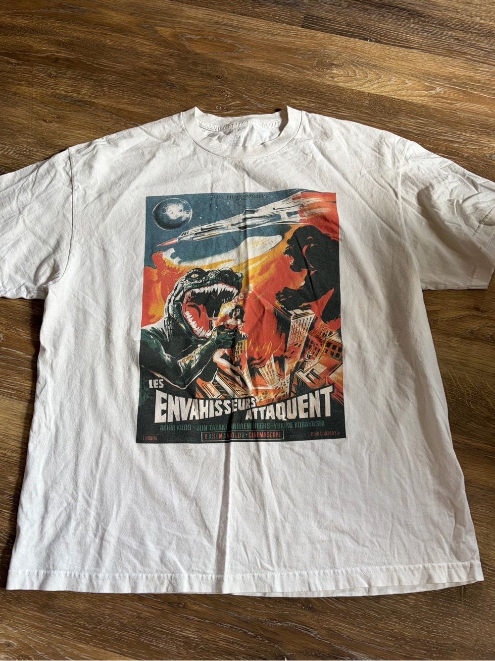 Brandy Melville White Graphic Short Sleeve Tee with Red and Blue Poster Print